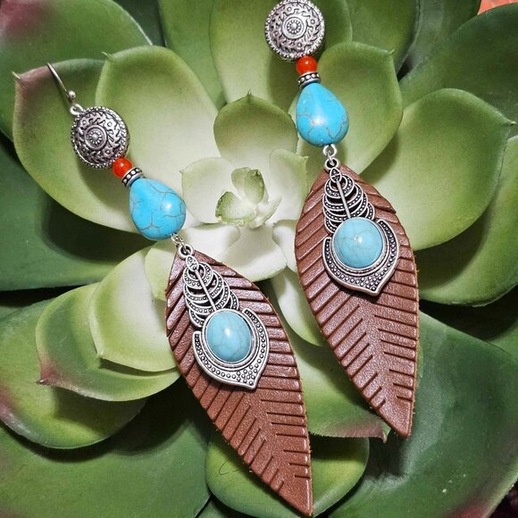 Artisan Earrings Southwestern Faux Leather Silver & Turquoise Feathers - Picture 4 of 9